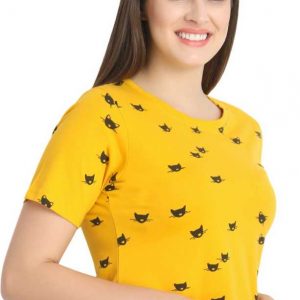 Printed Women Round Neck Yellow T-Shirt