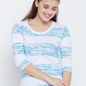 Printed Women Round Neck White, Blue T-Shirt