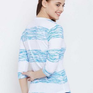 Printed Women Round Neck White, Blue T-Shirt