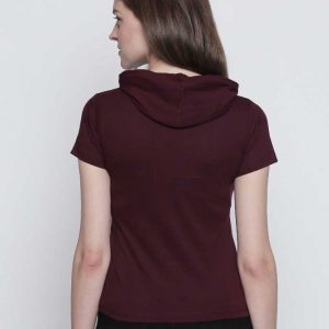 Graphic Print Women Hooded Maroon T-Shirt