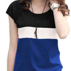 Striped Women Round Neck Dark Blue T-Shirt