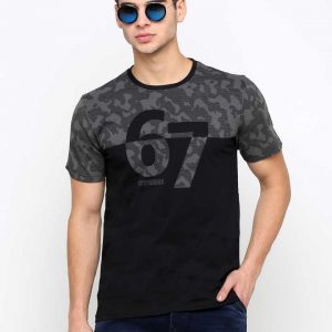 Printed Men Round Neck Black, Grey T-Shirt